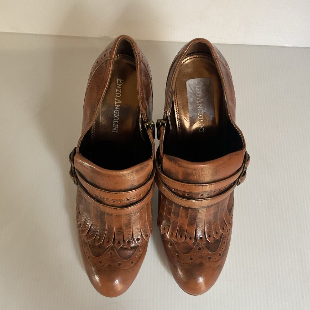 Vintage Enzo Angiolini Brown Leather Fringe Heels Double Buckle Pumps Size 7M - Picture 5 of 10